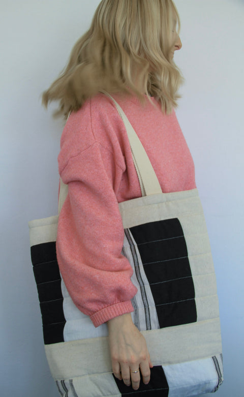 Patchwork Quilted Tote Bag – Natural + Grey Stripes