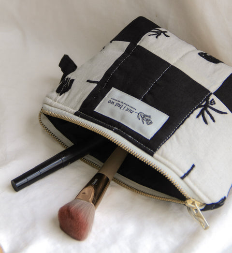 Quilted Cosmetic Bag | Embroidered White + Black