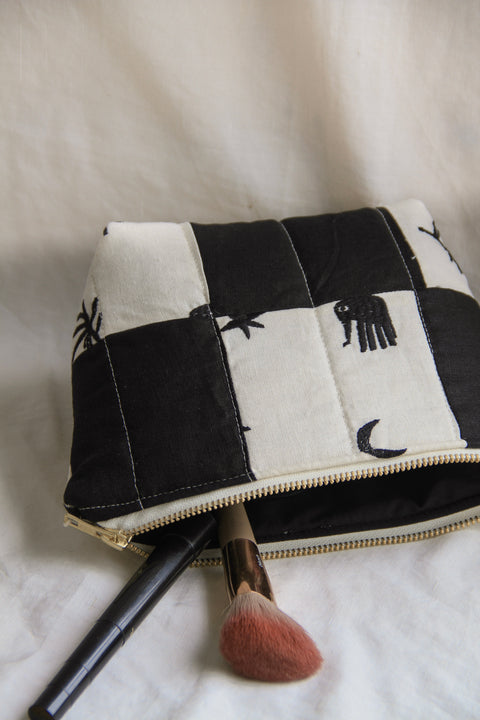 Quilted Cosmetic Bag | Embroidered White + Black