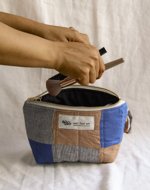 Quilted Cosmetic Bag | Mocha + Sky Blue