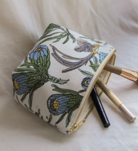 Cosmetic Bag | White Sugarbird + Protea