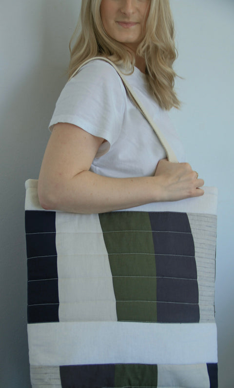 Patchwork Quilted Tote Bag – Olive + Navy Stripes