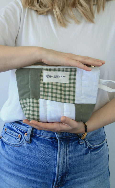 Quilted Cosmetic Bag | Olive + White Gingham