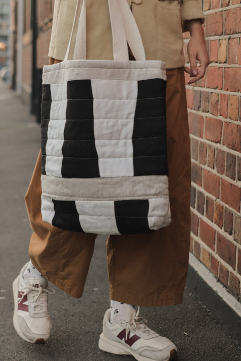 Patchwork Quilted Tote Bag – Black + White