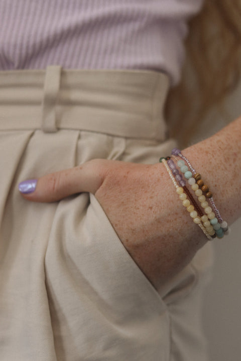 mindful bracelet stack on a wrist