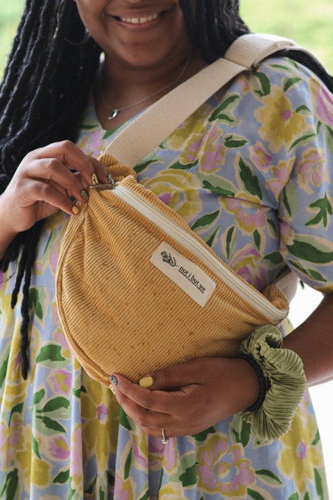 mustard cord moon bag