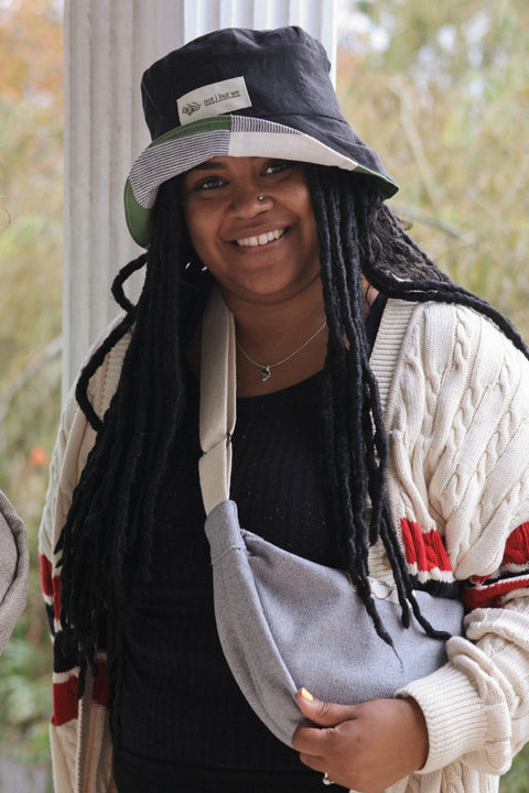 woman wearing patchwork bucket hat reversible
