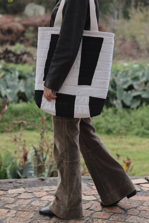 quilted patchwork tote black and white