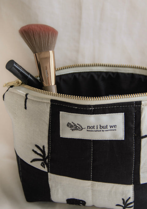 Quilted Cosmetic Bag | Embroidered White + Black