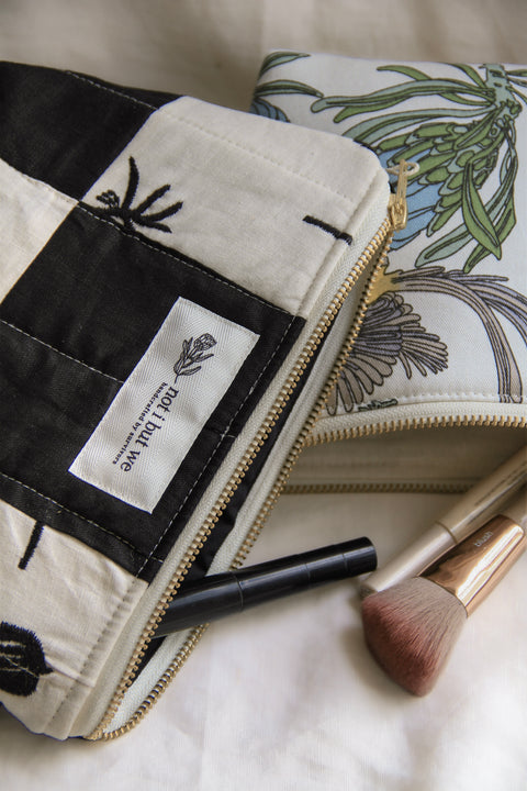 Quilted Cosmetic Bag | Embroidered White + Black
