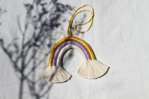 Mini Macramé Rainbow in gold, purple, and white