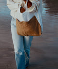 White linen Tote Bag with two brown bags in the front