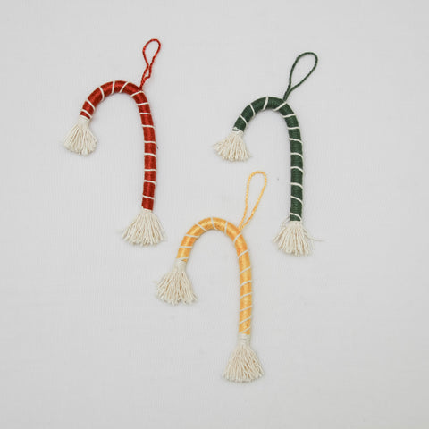 Macramé Candy Canes in red, yellow, and green