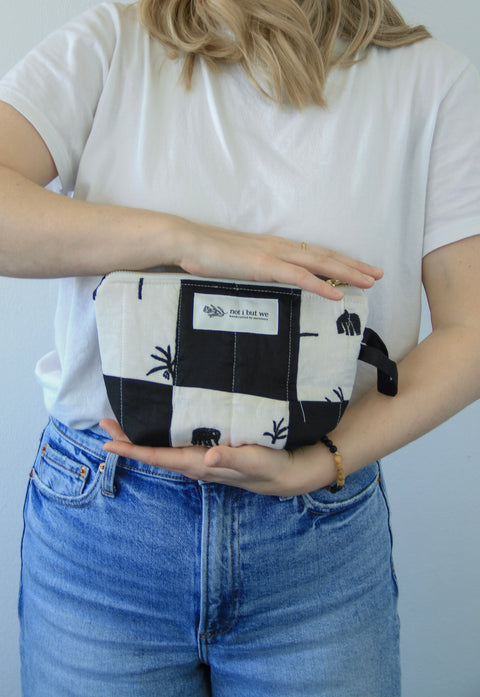 Quilted Cosmetic Bag | Embroidered White + Black