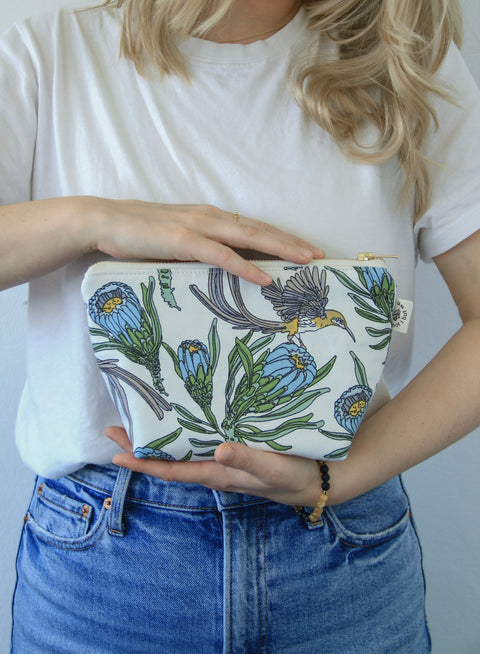 Cosmetic Bag | White Sugarbird + Protea