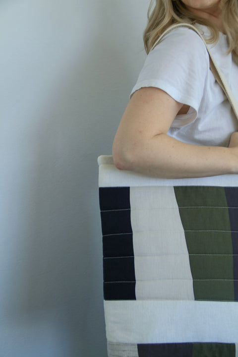 Patchwork Quilted Tote Bag | Olive + Navy Stripes