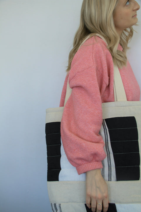 Patchwork Quilted Tote Bag | Natural + Grey Stripes