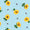 Light blue cotton fabric with a repeating sunflower and seed pattern, shown with a measurement ruler on the left side and product specifications printed at the bottom.