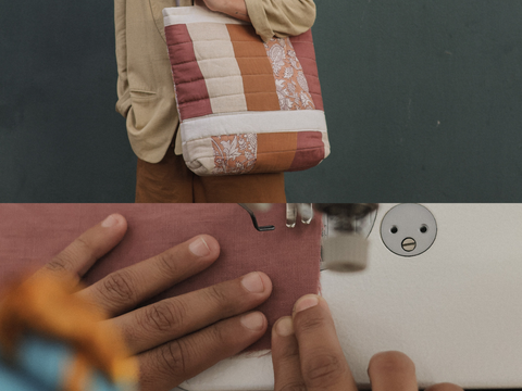 A split-screen view showing a handmade quilted tote bag with vertical stripes in terracotta, cream, and rust, held by a person, and a close-up of hands sewing a matching terracotta fabric panel on a white sewing machine.