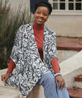 woman wearing indigo mist kimono