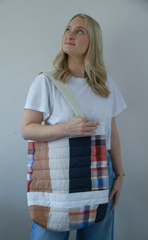 Patchwork Quilted Tote Bag – Navy + Plaid