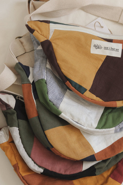 collection of patchwork fanny packs